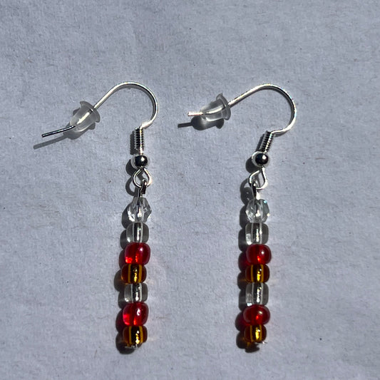 silver earrings with red clear and orange beads