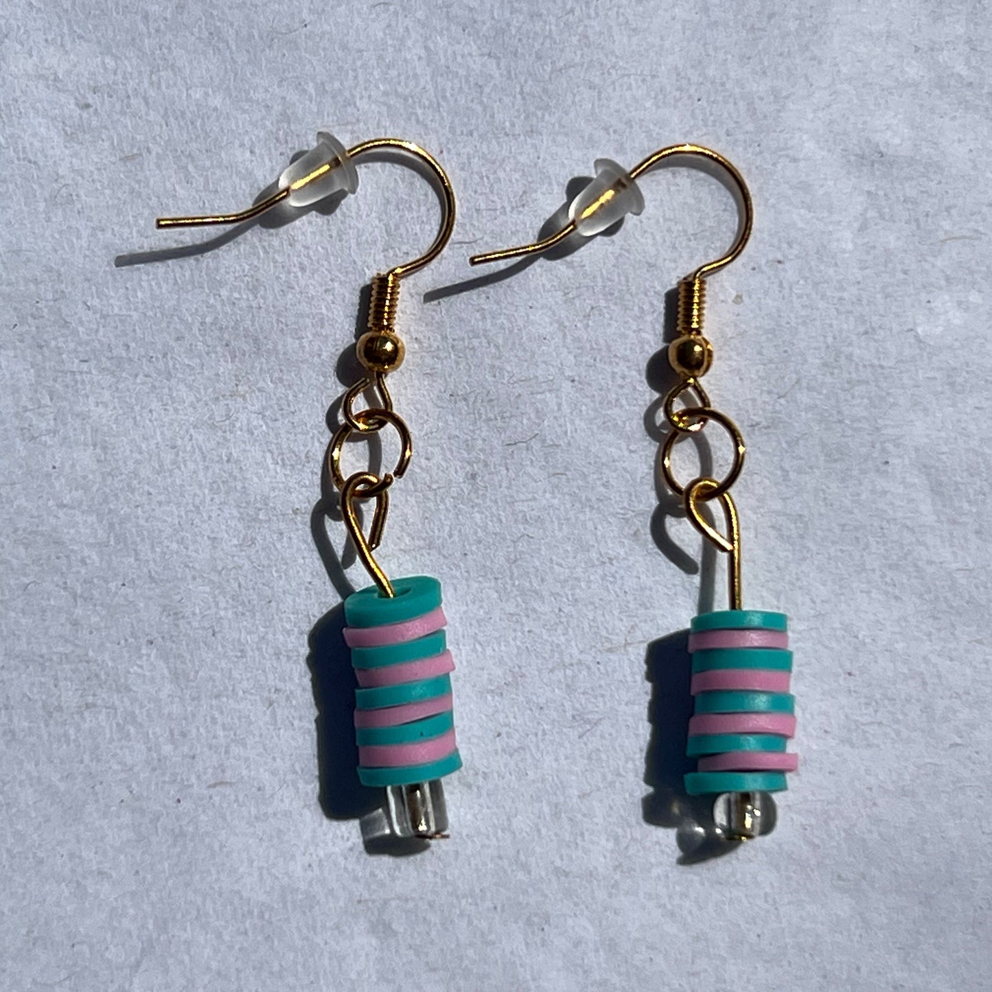 gold earnings with blue, pink and clear beads