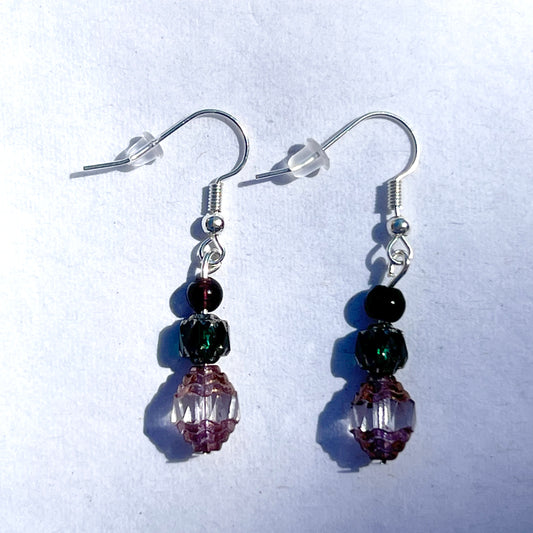 silver earrings with magenta, silver, green, pink, clear beads