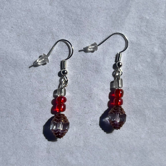 silver earrings with clear, red and pink beads